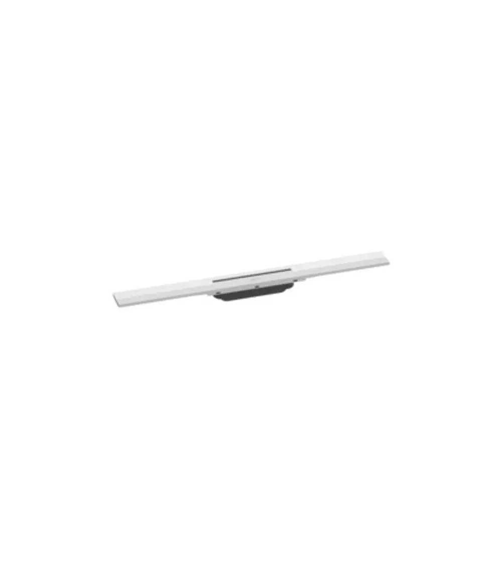 Hansgrohe Duschrinne in Mattweiß, flache Bauform mit einer geraden, länglichen Fläche, geeignet für den Einbau in Duschbereichen.